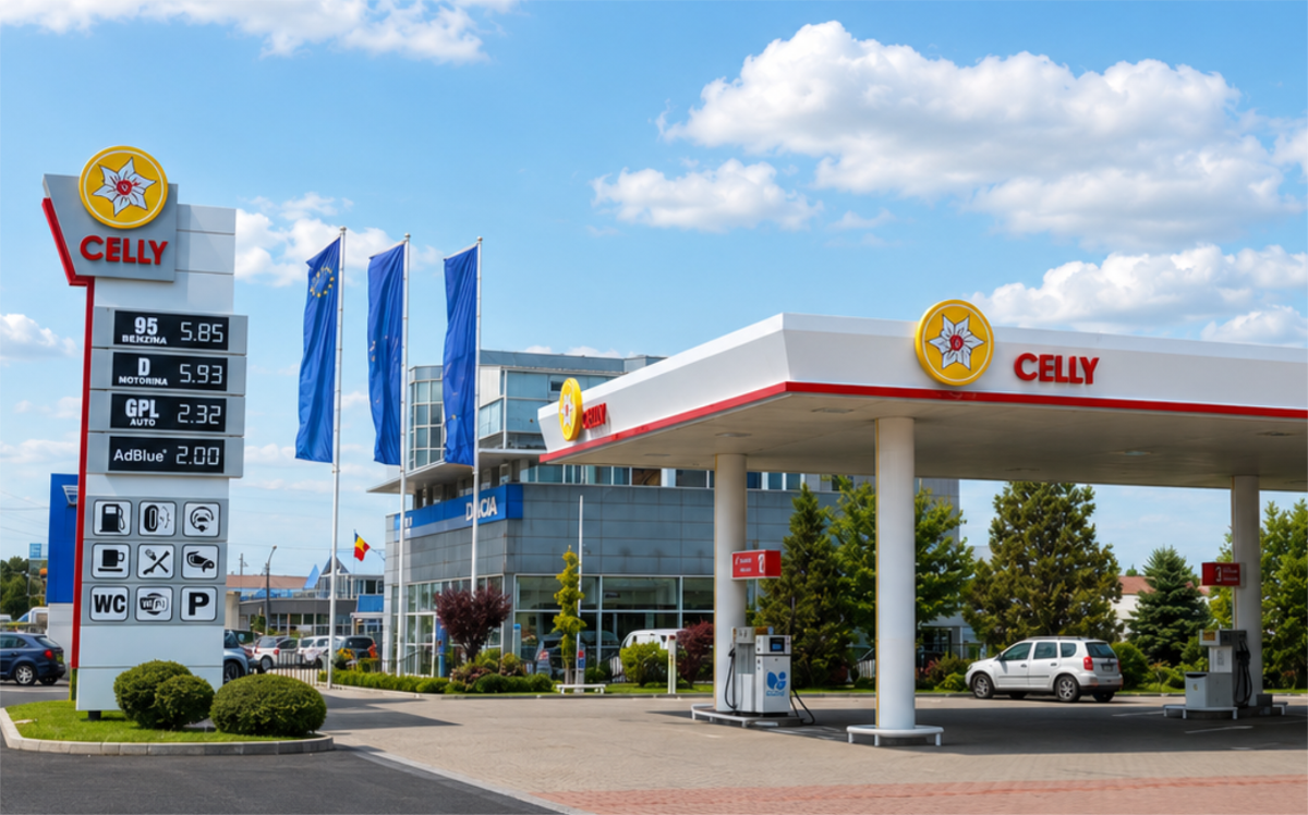 Stație de carburanți — totem de preț și branding